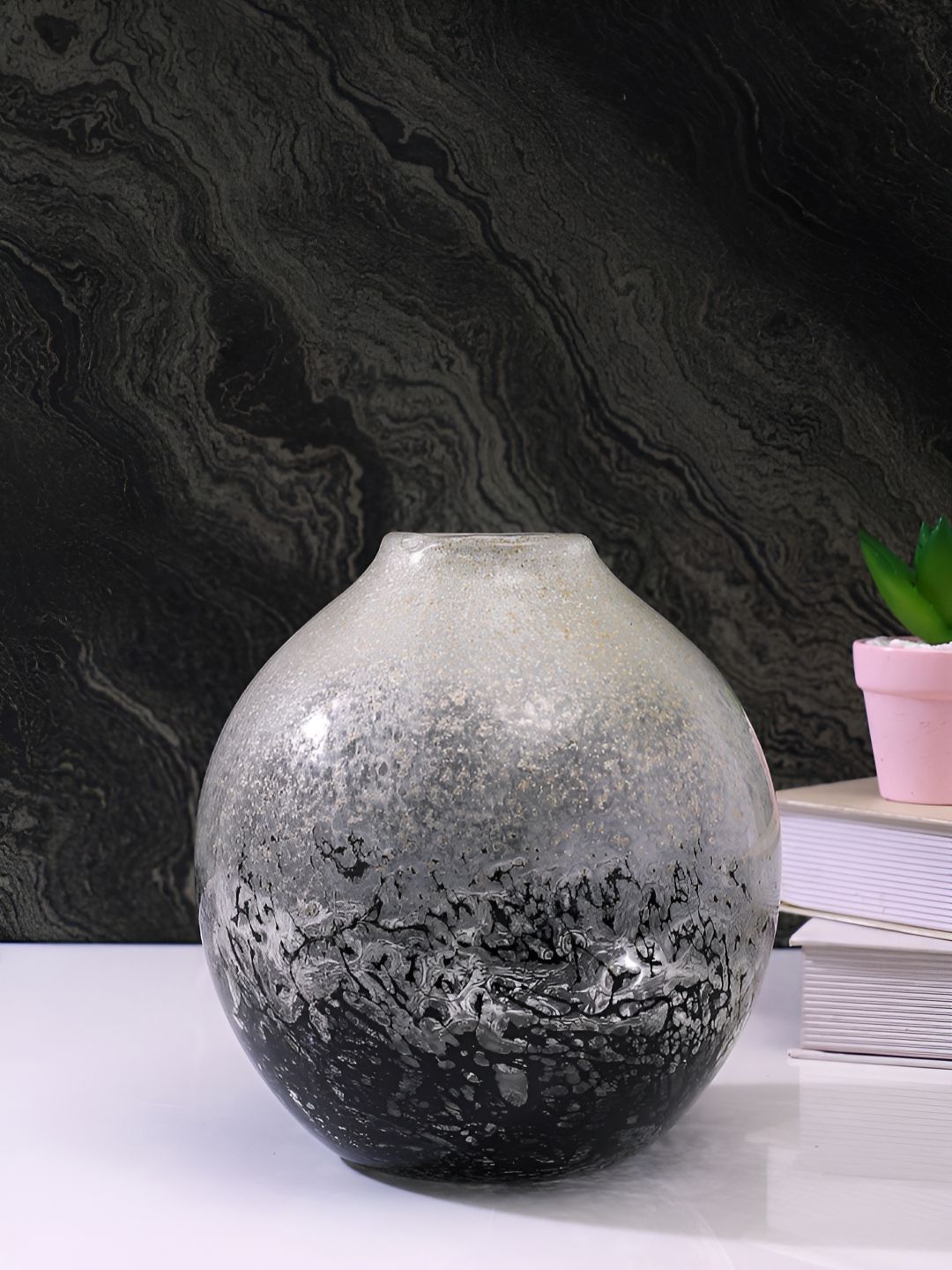 TAYHAA Black & Grey Handcrafted Textured Glass Globe Vase-picture-39