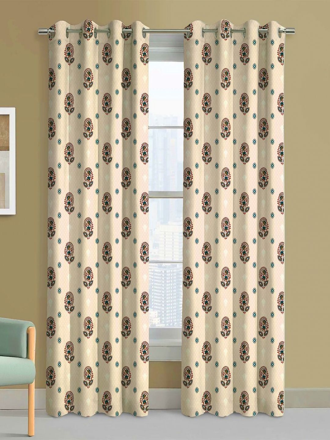 Steve & Anderson Indian Motifs Cream & Red 2 Pieces Floral Black Out Door Curtain (7 Feet)