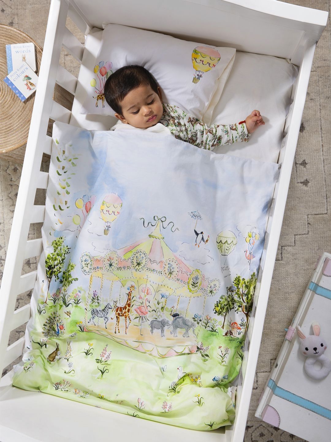 THE BABY TRUNK White & Green Cartoon Characters Egyptian Cotton 2 Piece Crib Superfine Bedding Set-image-0