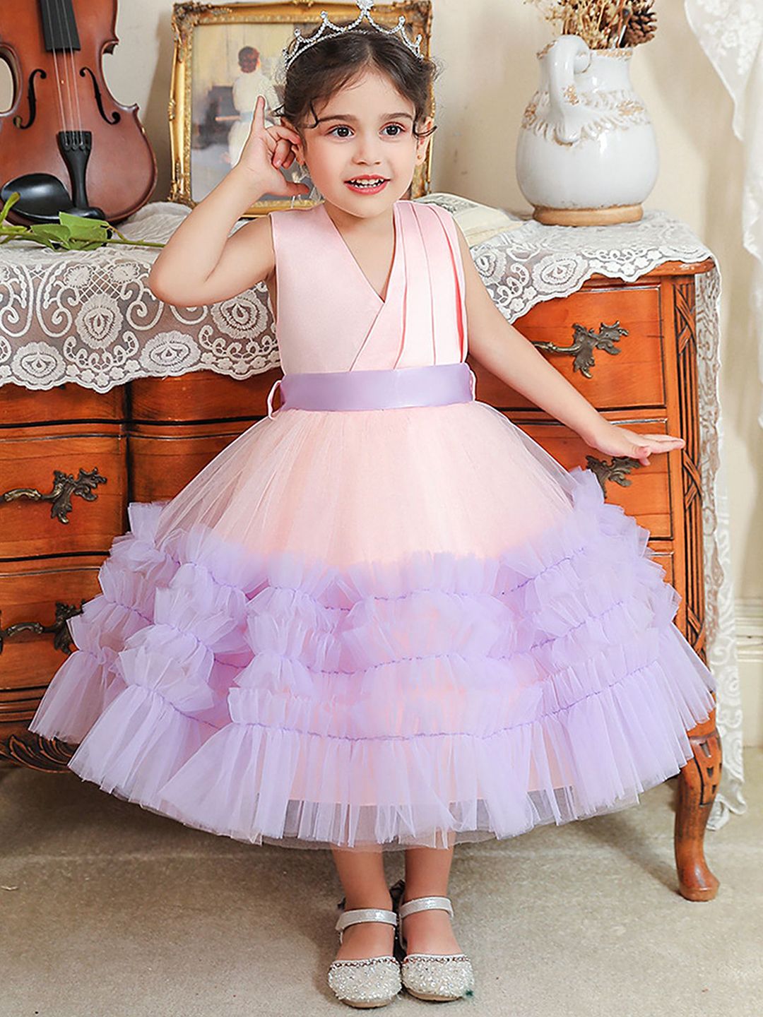 LULU & SKY Kids Girls V-neck Warp Tulle Sleeveless Dress-image-14