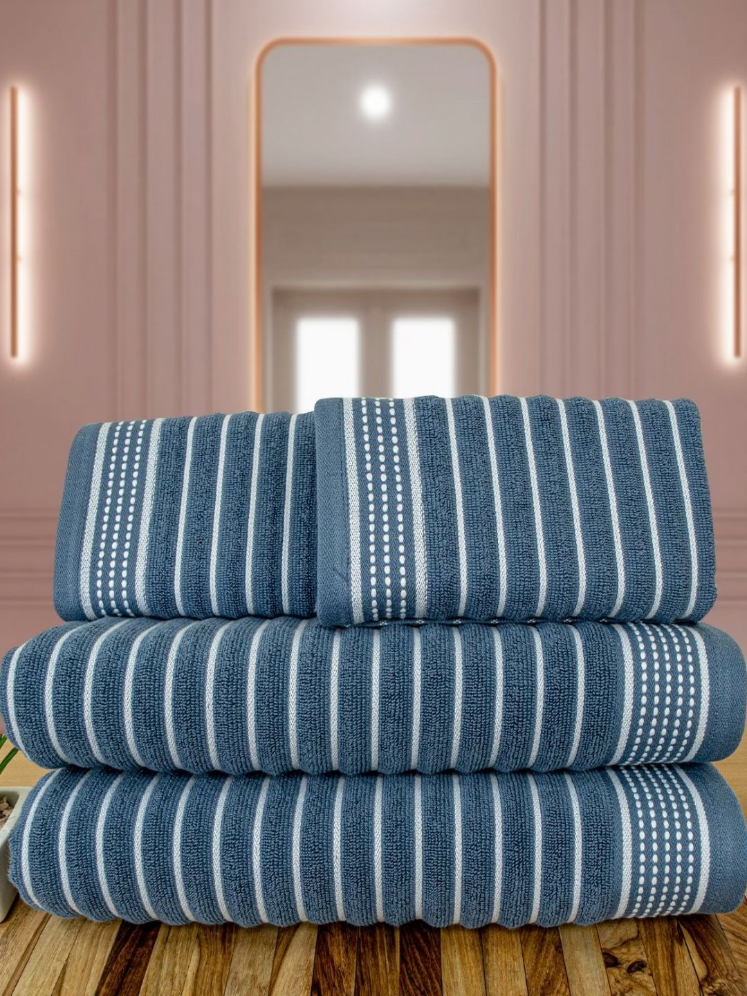 Myntra Elegant Homes Blue & White 4 Piece Striped Cotton Towel Set-picture-34