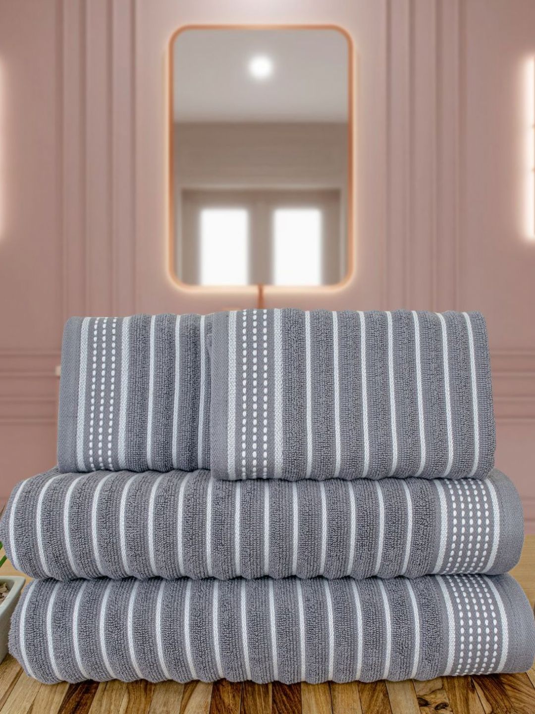 Myntra Elegant Homes Grey & White 4 Piece Striped Cotton Towel Set-image-45