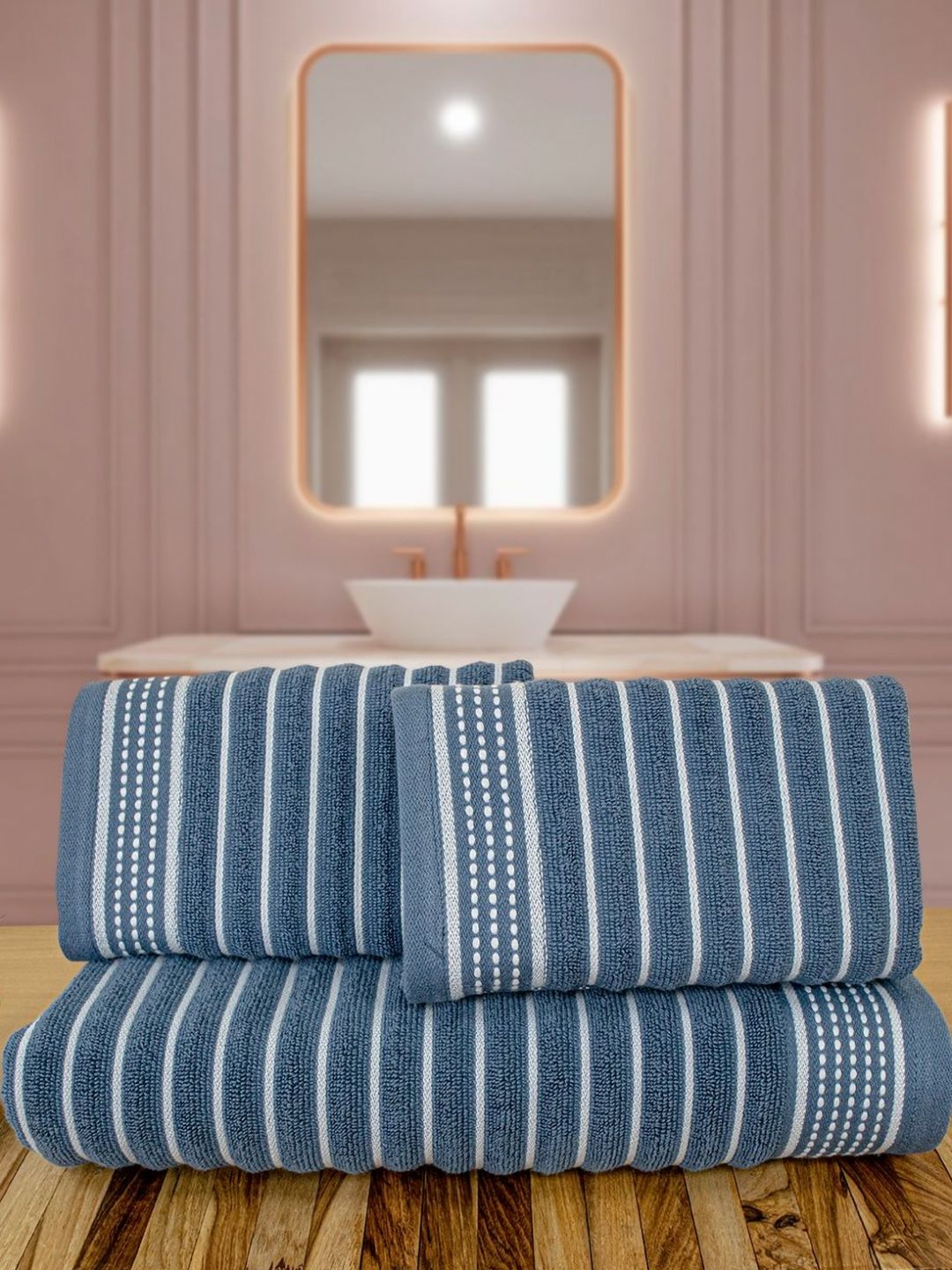 Myntra Elegant Homes Blue & White 3 Piece Striped Cotton Towel Set-picture-38
