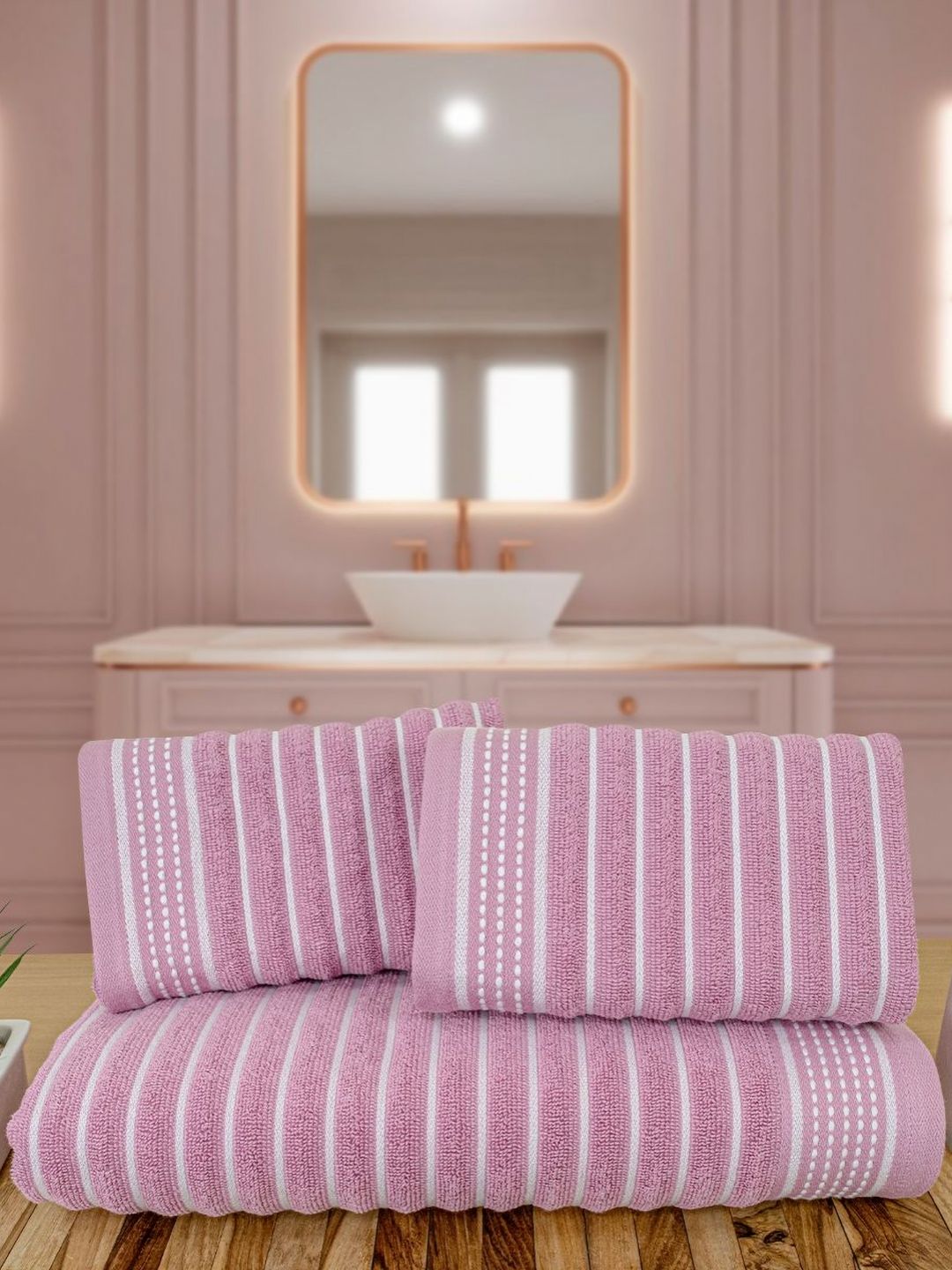 Myntra Elegant Homes Purple & White 3 Piece Striped Cotton Towel Set-image-5