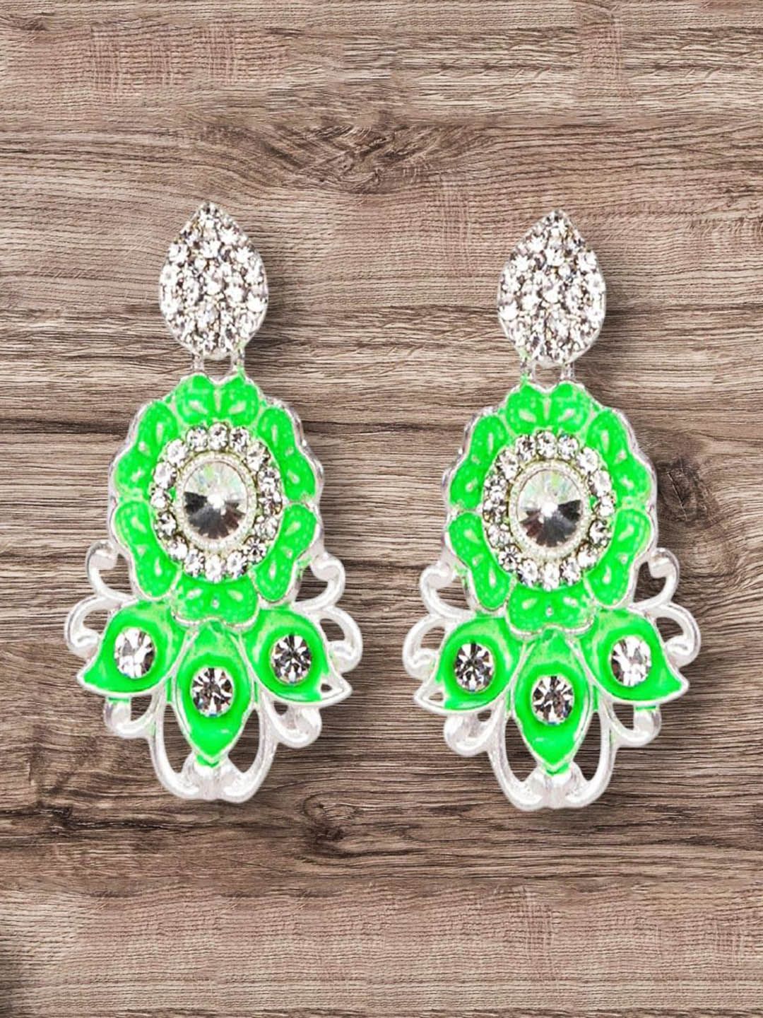 Sangria Silver-Plated Artificial Stones Studded Contemporary Drop Earrings-image-10