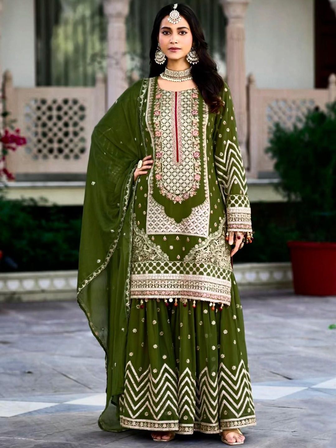 Ethnic Motifs Embroidered Straight Sequinned Kurta With Sharara & Dupatta