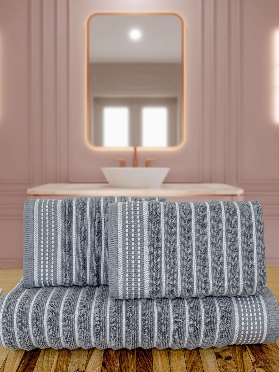 Myntra Elegant Homes Grey & White 3 Piece Striped Cotton Towel Set-picture-30