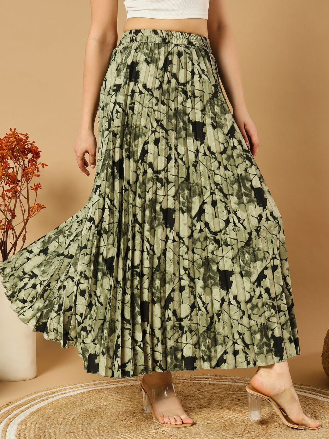 ZWERLON Floral Printed & Pleated Flared Maxi Skirt-picture-14