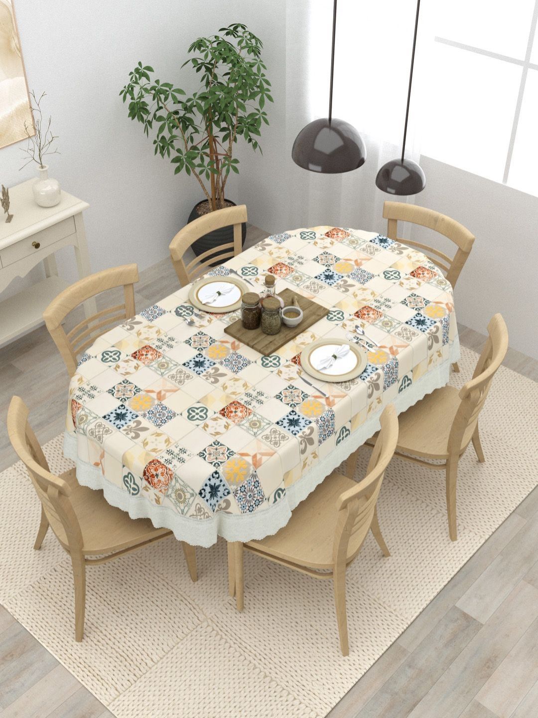 Clasiko Cream-Coloured Geometric Printed Anti-Slip Plastic Oval 6-Seater Table Cover