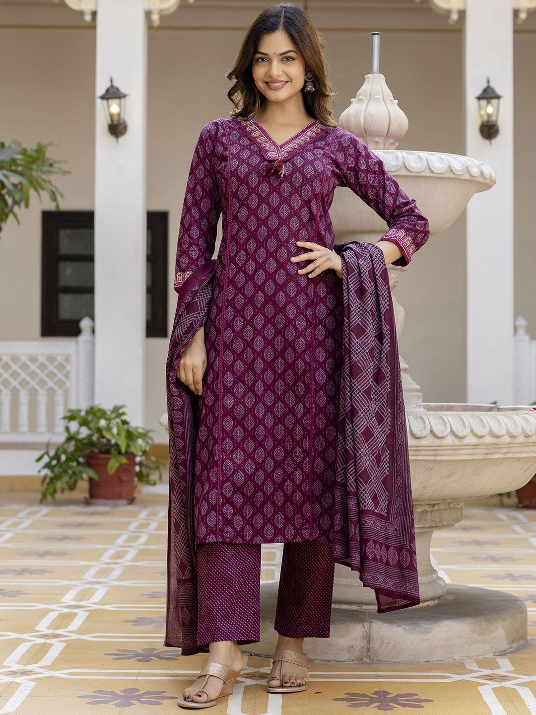 EthniFlair Floral Printed V-Neck Pure Cotton Straight Kurta With Trousers And Dupatta-image-28