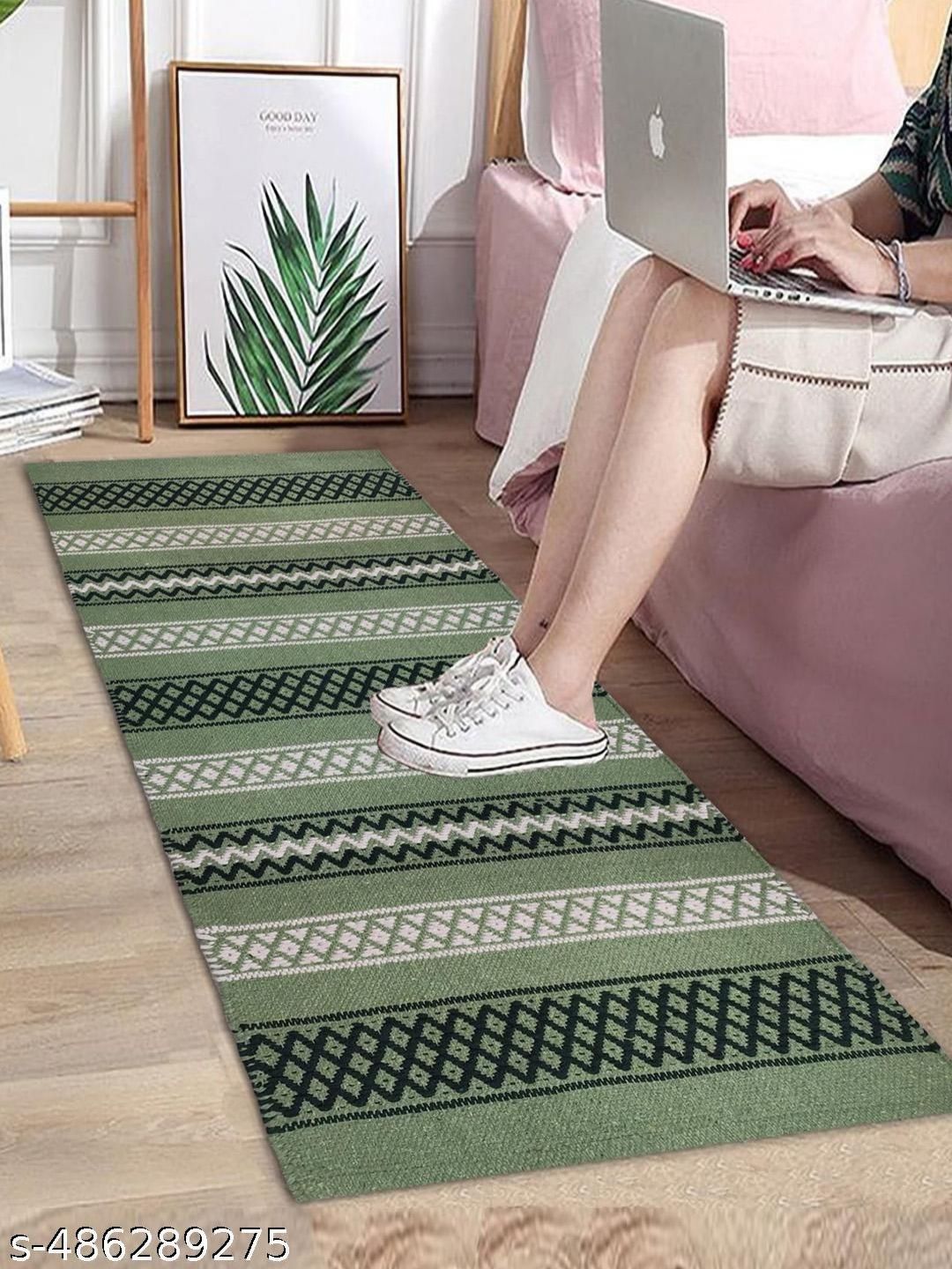 ANA Green Cotton Striped Floor Mat-image-24