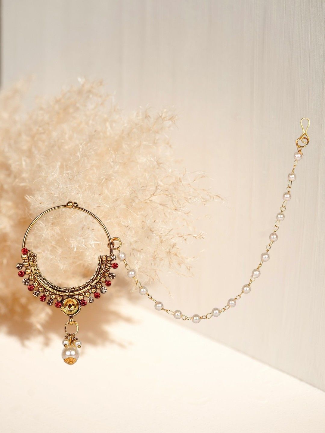 Anouk Gold-Plated Artificial Stones Studded & Beaded Chained Nosepin-picture-36