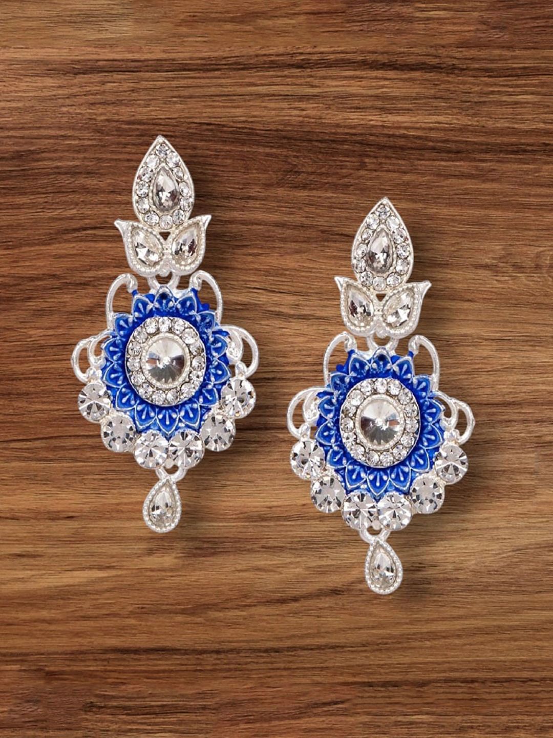 Sangria Silver-Plated Artificial Stones Studded Contemporary Drop Earrings-image-5