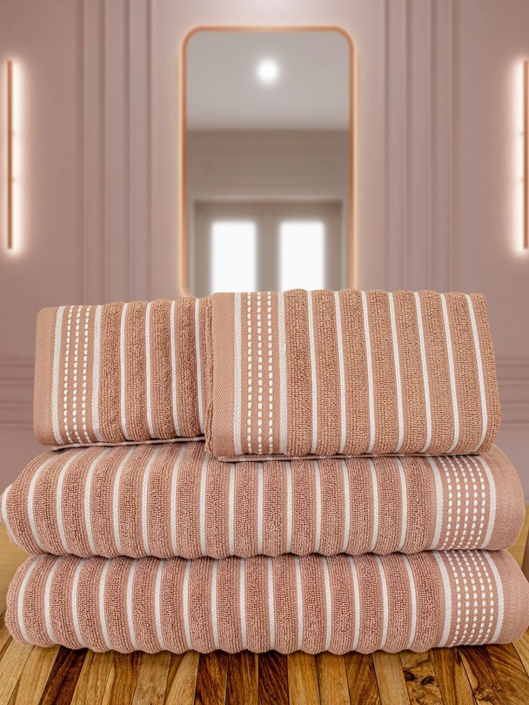 Myntra Elegant Homes Peach-Coloured & White 4 Piece Striped Cotton Towel Set-picture-19