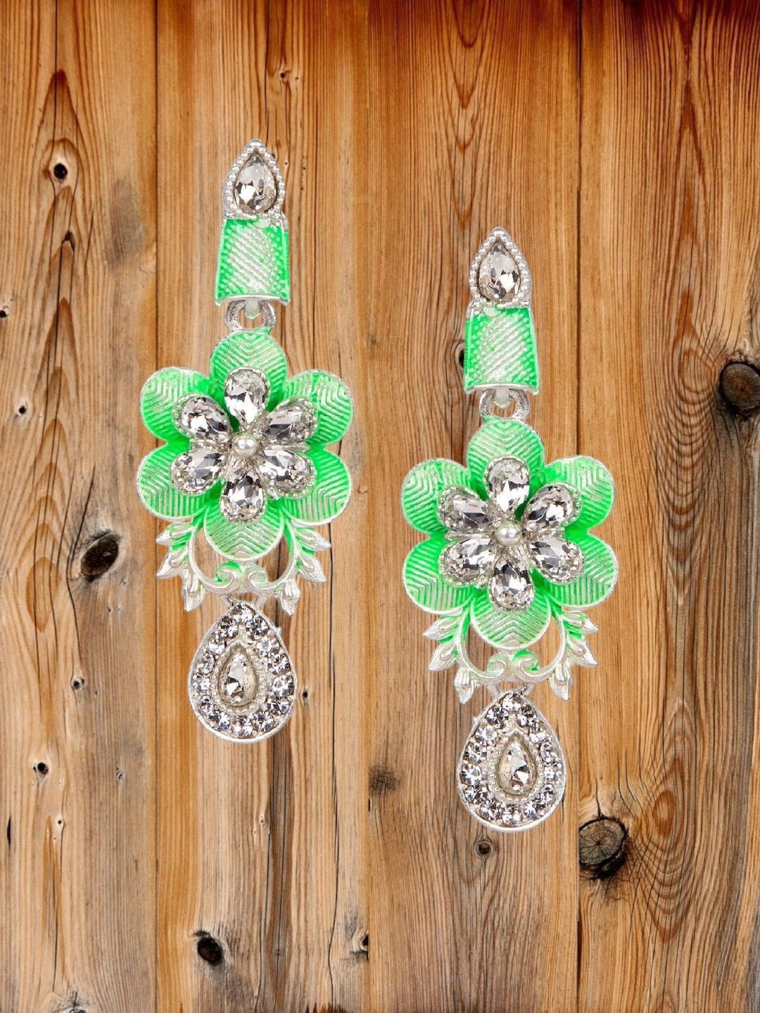 Sangria Silver-Plated Artificial Stone Studded Enamelled Meenakari Floral Drop Earrings-image-26