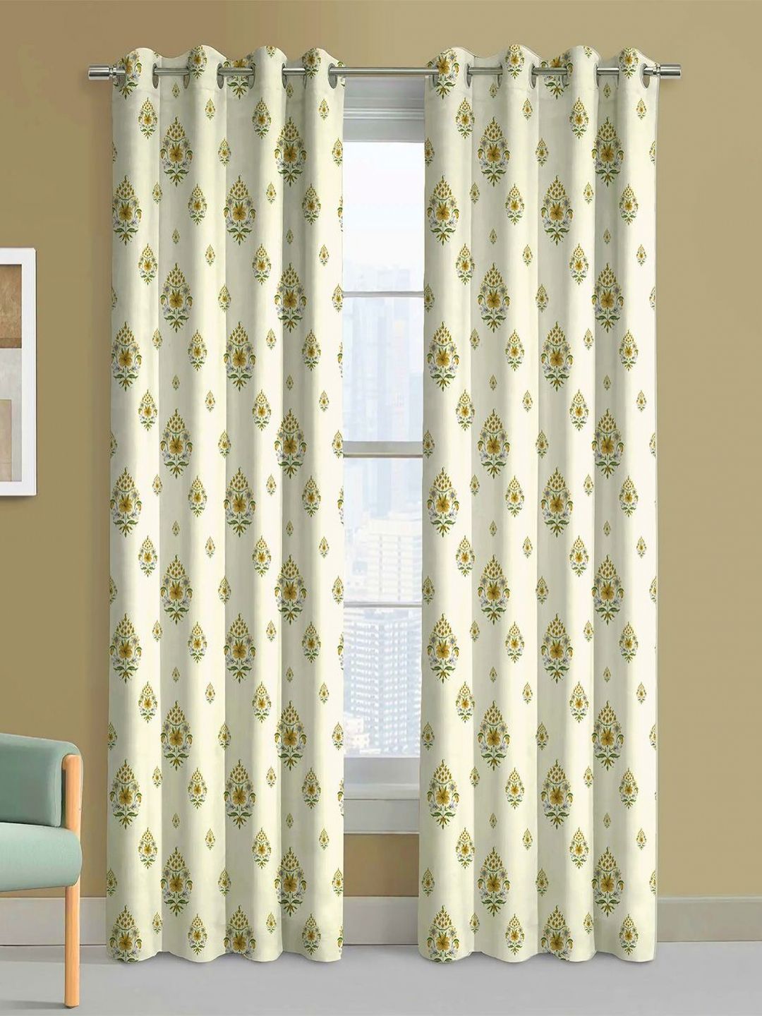 Steve & Anderson Bharat Motifs Mustard And White 2 Pieces Long Door Curtain (9Feet)-picture-37