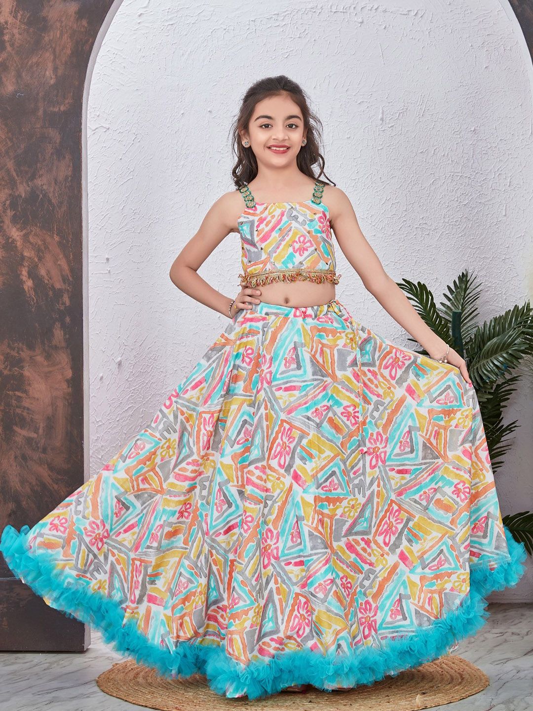 Anneca Girls Abstract Printed Beads and Stones Ready to Wear Lehenga With Blouse-picture-37