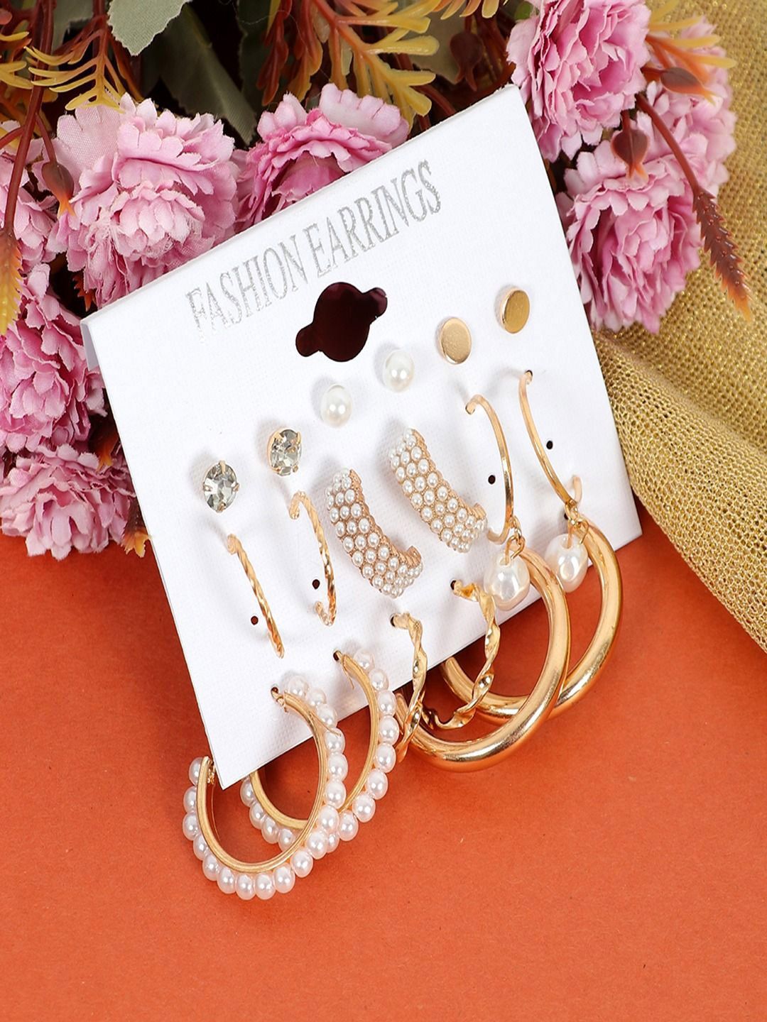 DressBerry Set Of 9 Gold-Plated Crystal Studded Circular Shaped Studs-picture-10