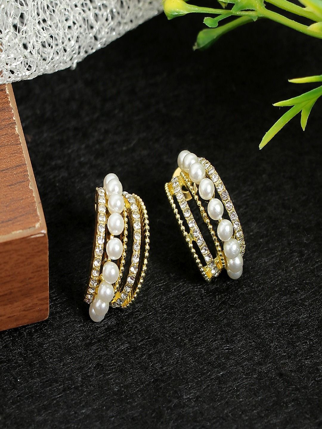 DressBerry Gold-Plated Stones Studded & Pearls Beaded Contemporary Drop Earrings-picture-39