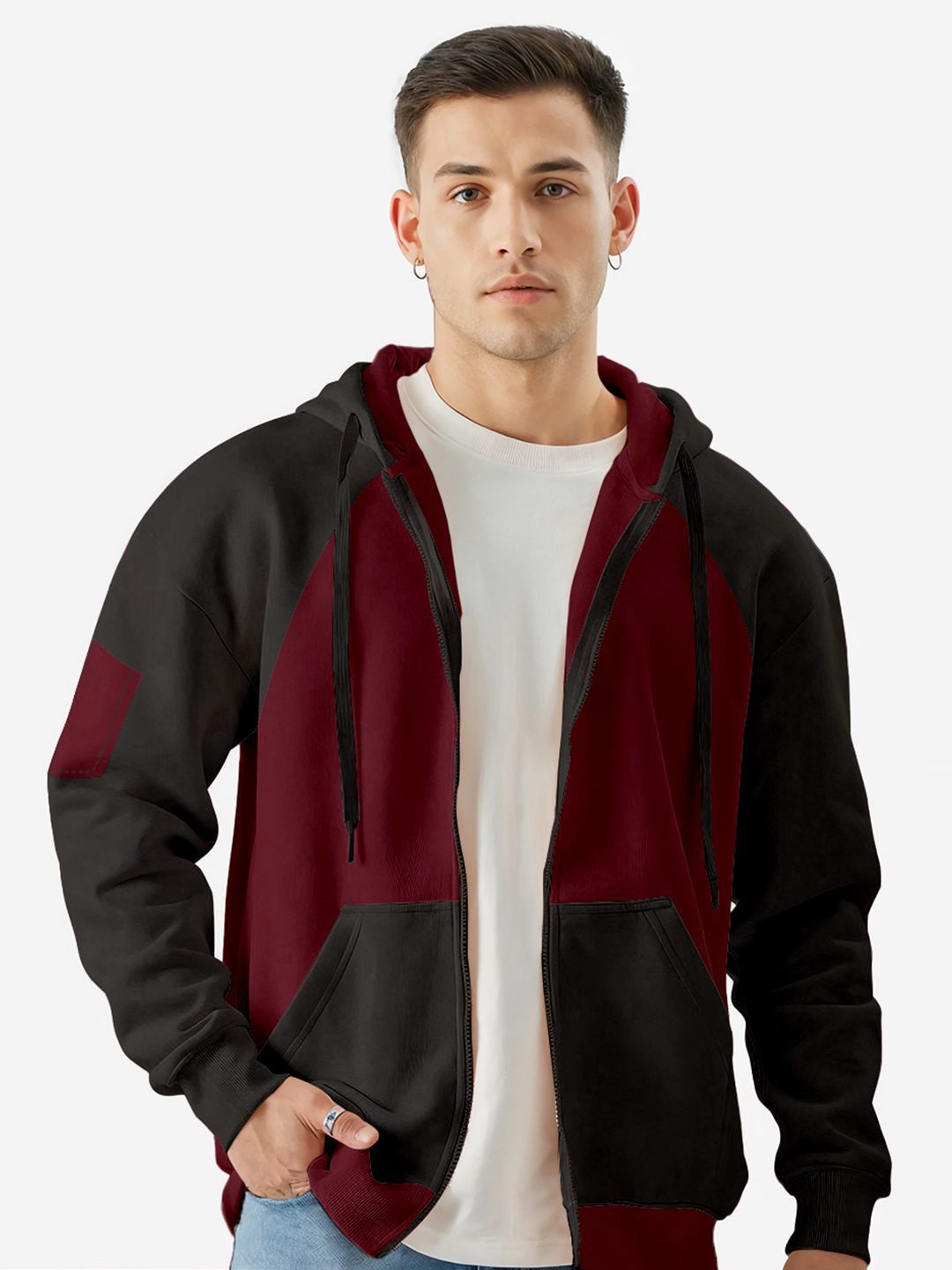 Crazymonk Men Raglan Oversized Hoodie Sweatshirt-image-4