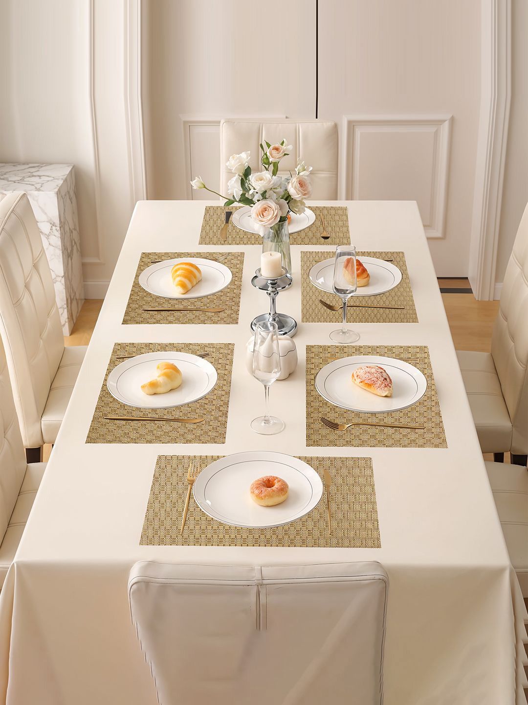 Kuber Industries Placemats Set Of 6 Gold Checked Rectangular Shape Table Mats-picture-20