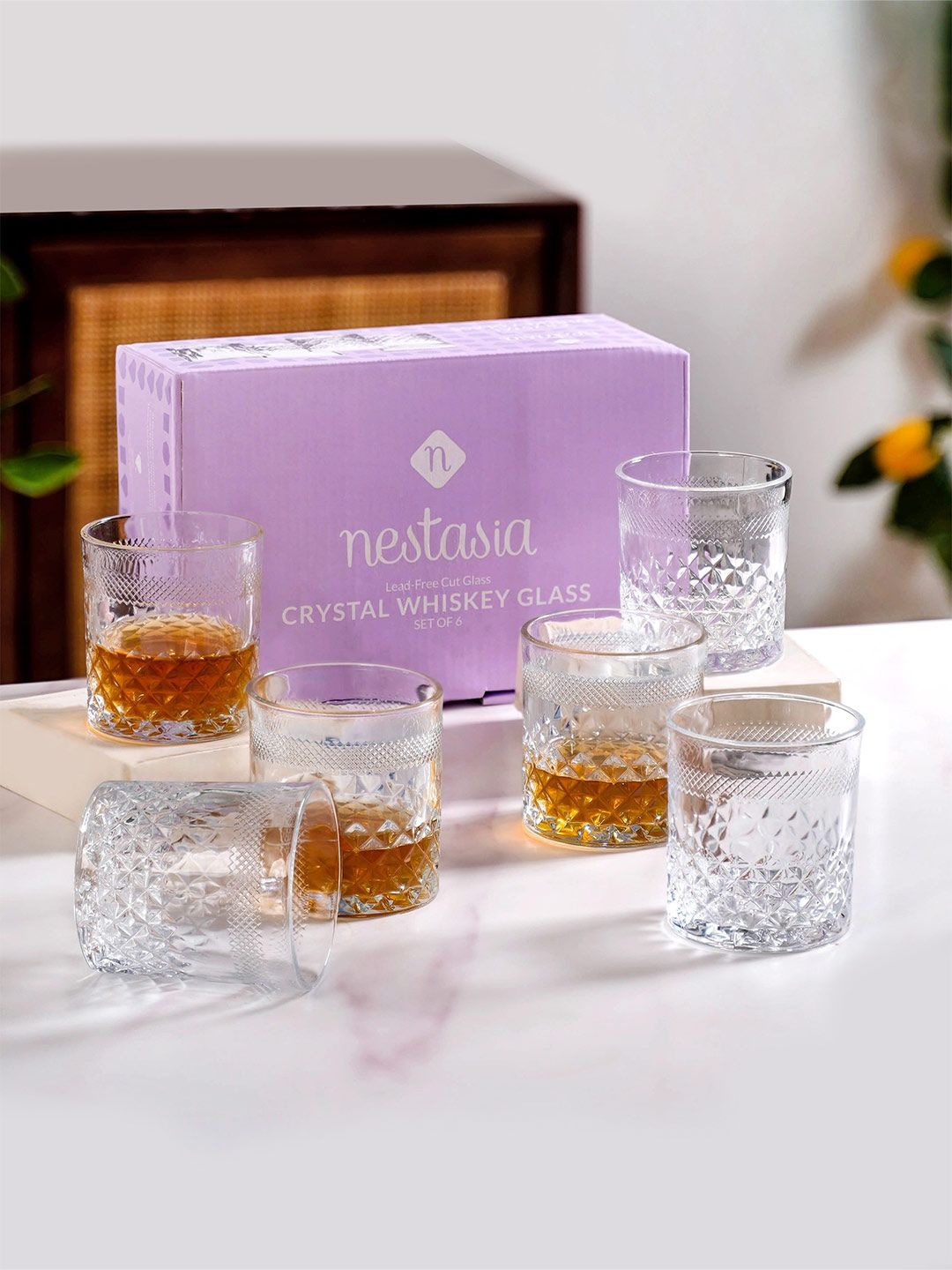 Nestasia 6 Pieces Transparent Diamond Embossed Whiskey Tumbler Glass 240ml each-picture-34
