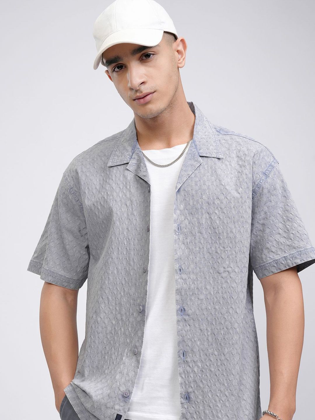 HIGHLANDER Men Cuban Collar Textured Cotton Casual Shirt-picture-54