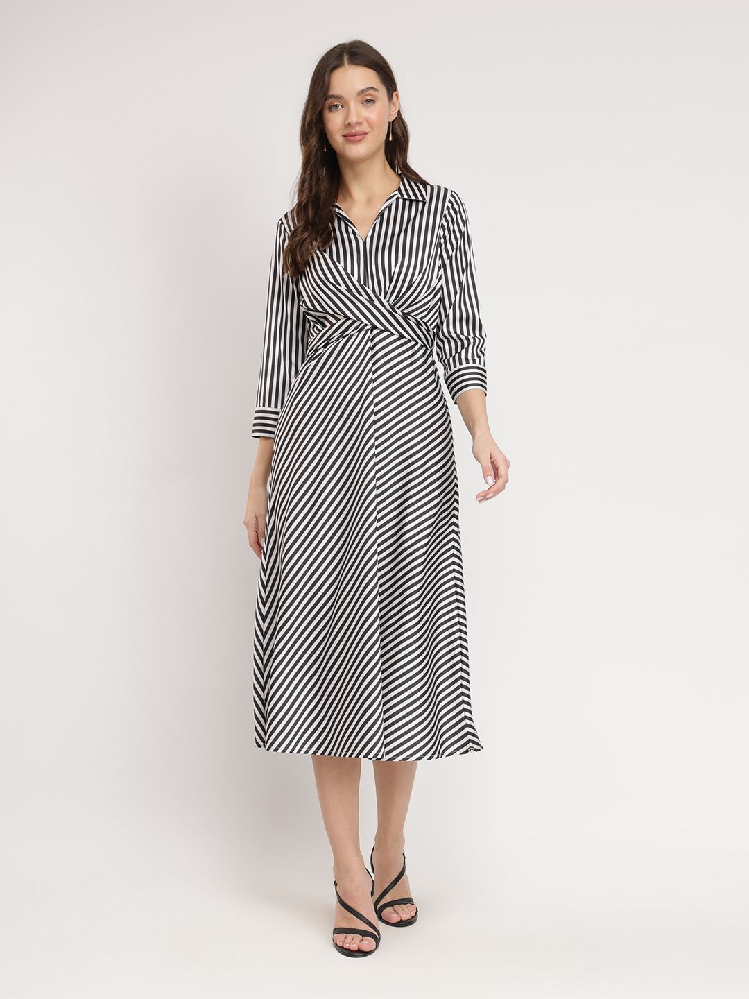 fable street FableStreet Striped Satin Fit & Flare Stretchable Midi Dress-picture-14
