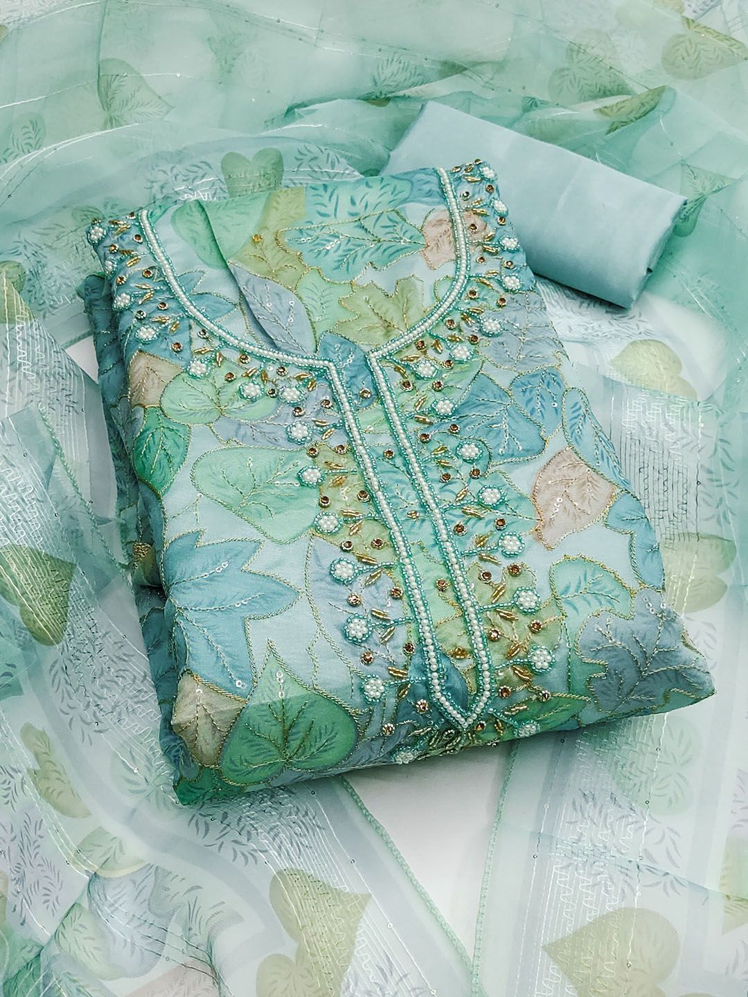 HERE&NOW Floral Printed Beads And Stones Organza Unstitched Dress Material-image-12
