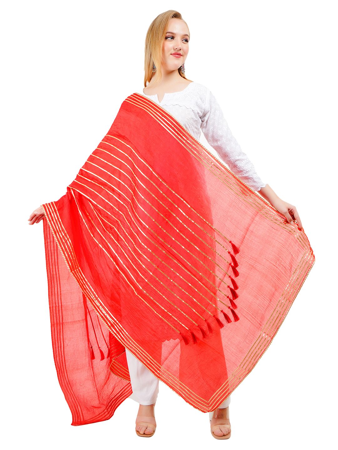 Way2Like Striped Tasselled Gota Patti Lace Chunni Ethnic Hijab Scarf Wrap Silk Dupatta-picture-14