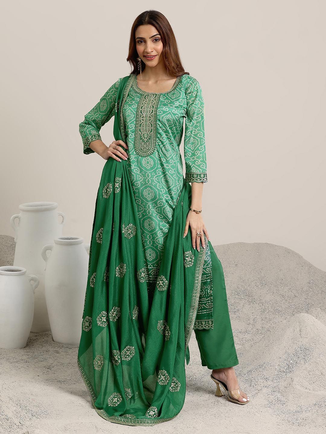 Women Orange Bandhani Printed Thread Work Kurta with Palazzos & With Dupatta main image 1