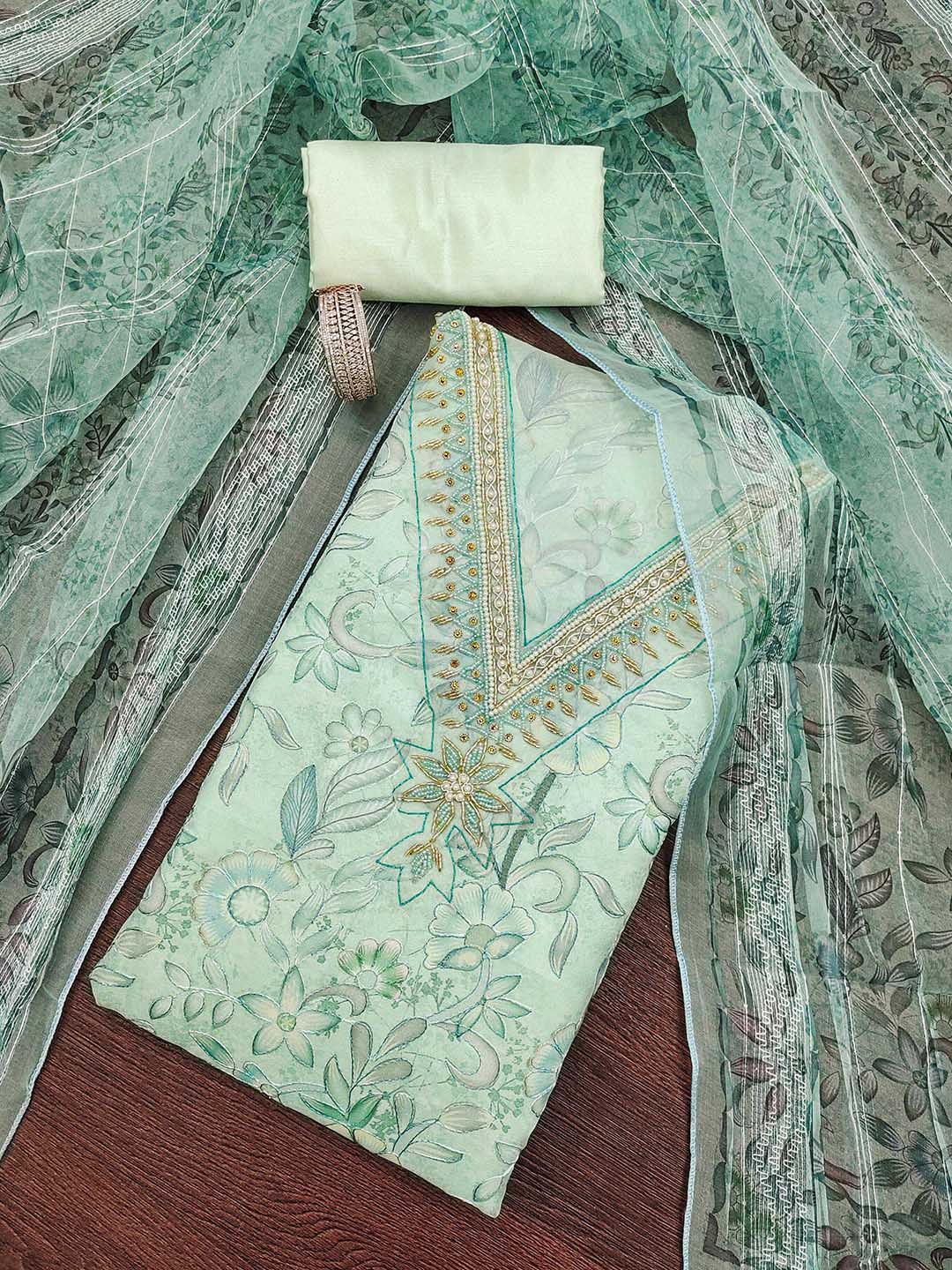 HERE&NOW Floral Printed Hand Work Beads and Stones Organza Unstitched Dress Material-image-43