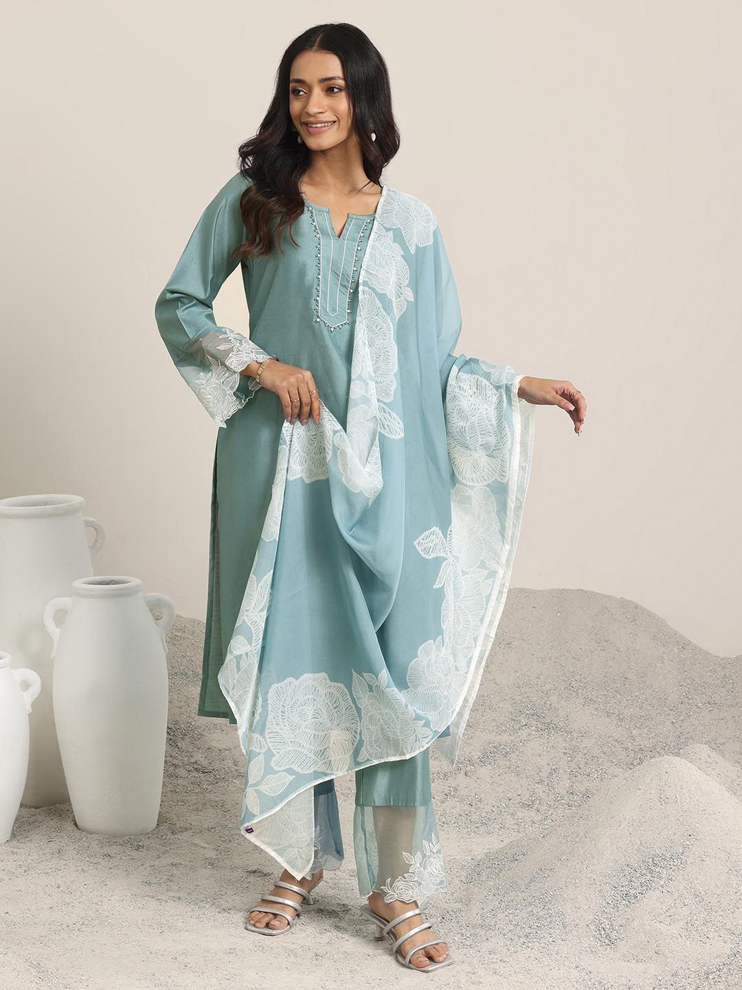 Yoke Design Stones & Beads Work Kurta With Salwar & Dupatta
