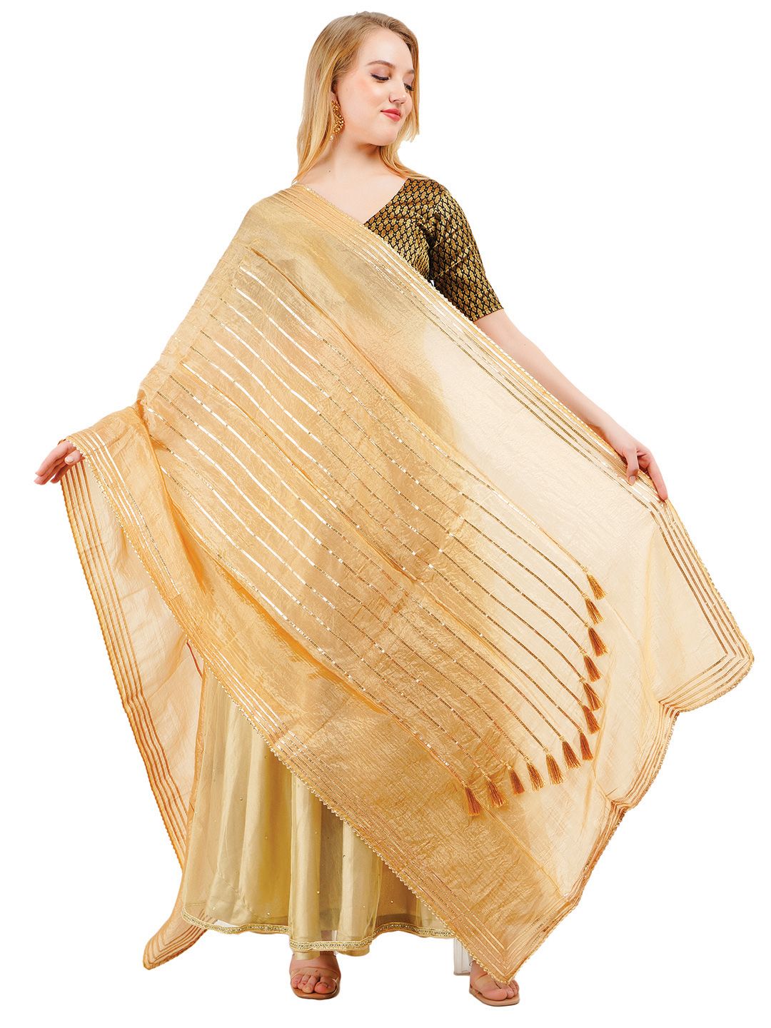 Way2Like Striped Gotta Patti Tasselled Detail Silk Wrap Shawl Scarf Hijab Dupatta-picture-16