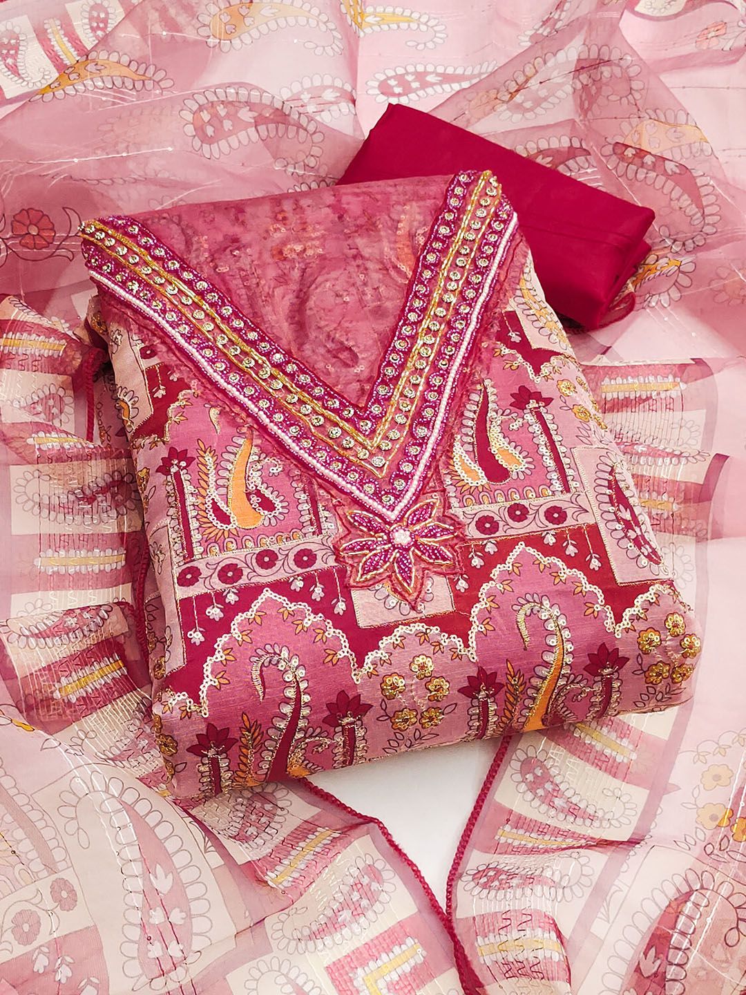 HERE&NOW Ethnic Motifs Embroidered Beads And Stones Organza Unstitched Dress Material-image-45