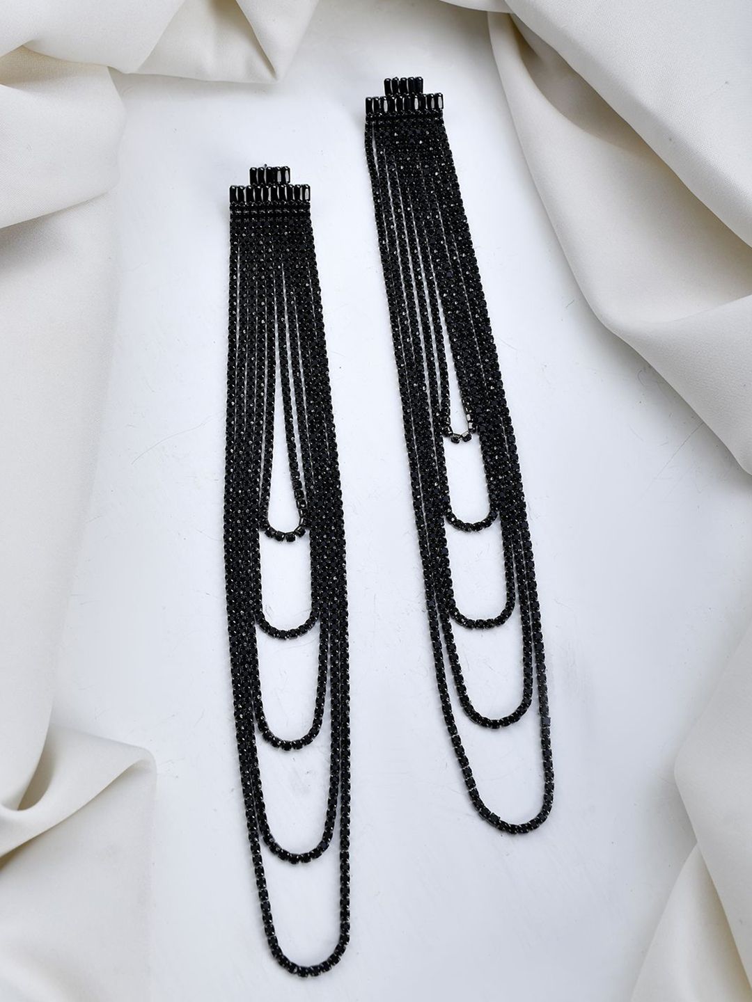 Voylla Timeless Sparkle Rhodium-Plated Rhinestone Brass Quirky Drop Earrings-image-22