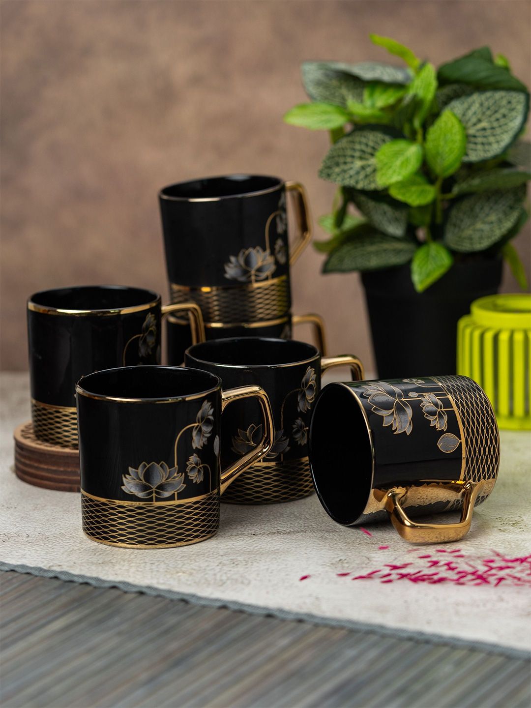 CLAY CRAFT Black 6 Pieces Floral Printed Ceramic Glossy Cups 215ml-picture-22