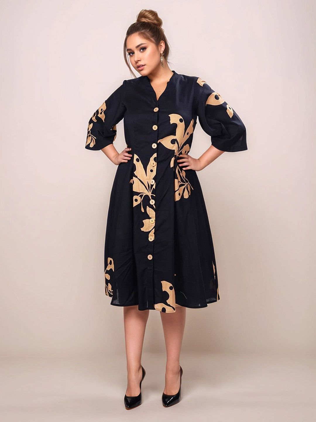 Zink London Floral Printed Pure Cotton Straight Fit Midi Dress-picture-11