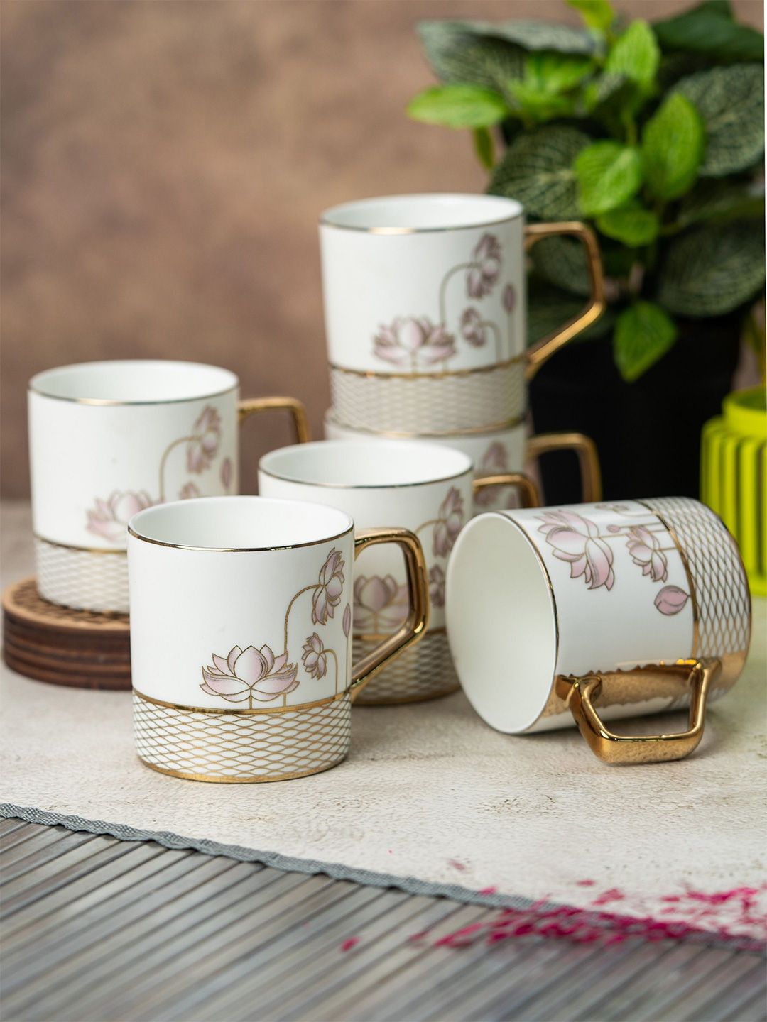 CLAY CRAFT White & Brown Floral Printed Set Of 6 Ceramic Glossy Cups 215 ml-image-40