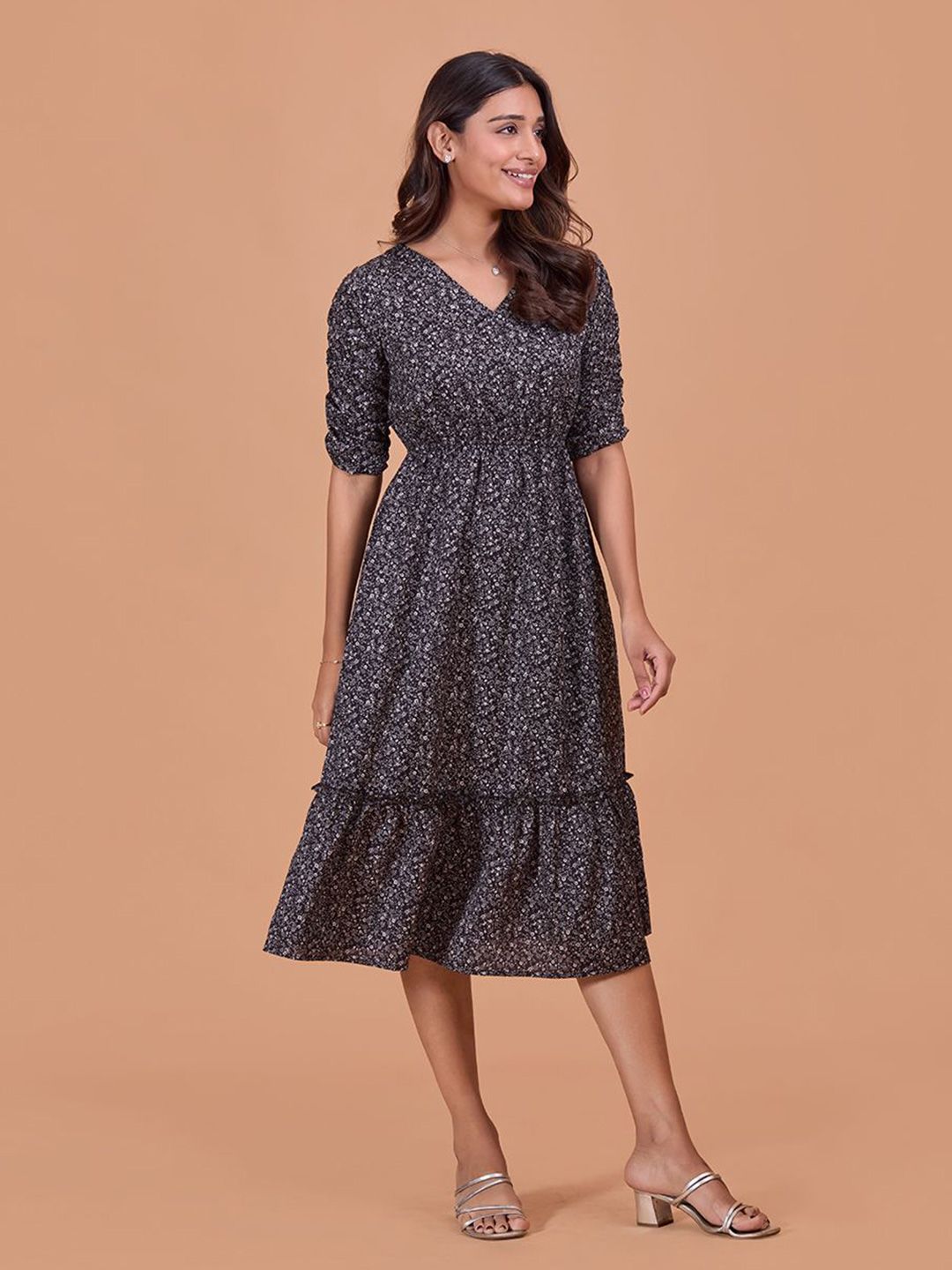 Conversational Printed Puff Sleeve Fit & Flare Midi Dress main image 1
