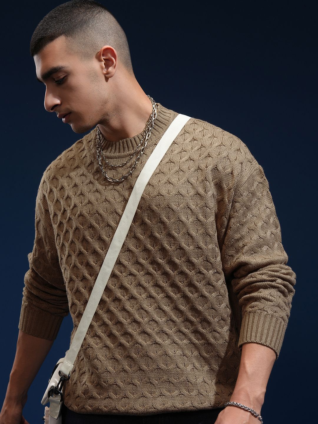 HIGHLANDER Men Self Design Cable Knit Round Neck Drop Shoulder Oversized Pullover-picture-14