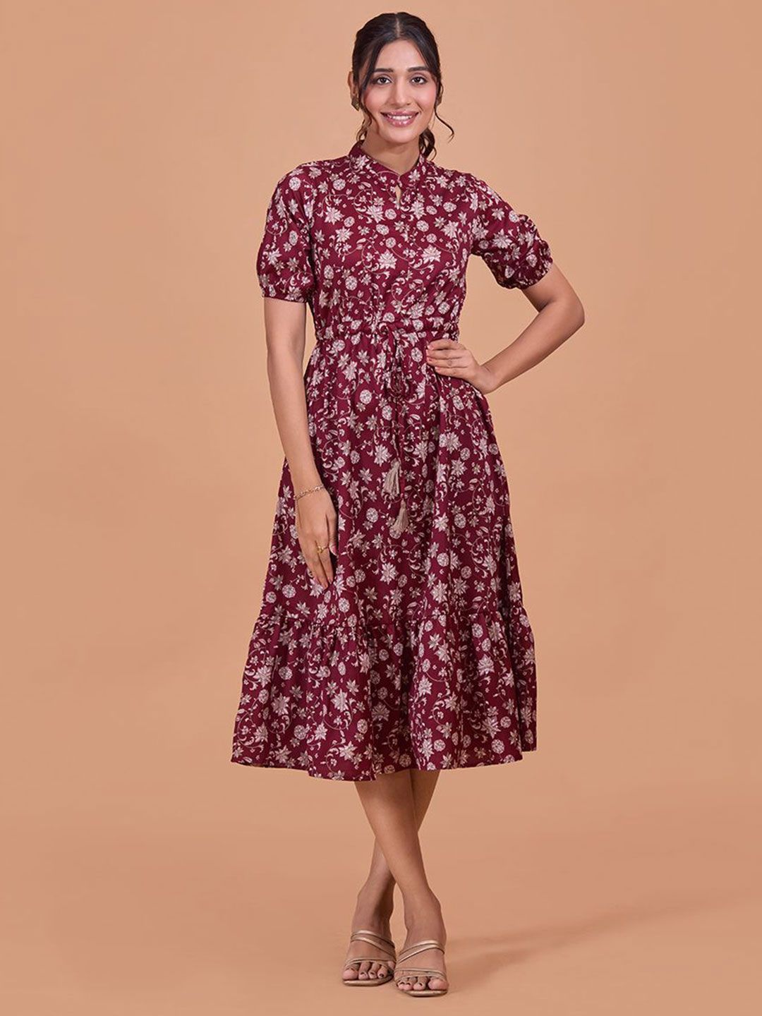 Fashfun Ethnic Motifs Print Puff Sleeve Fit & Flare Midi Dress-picture-17
