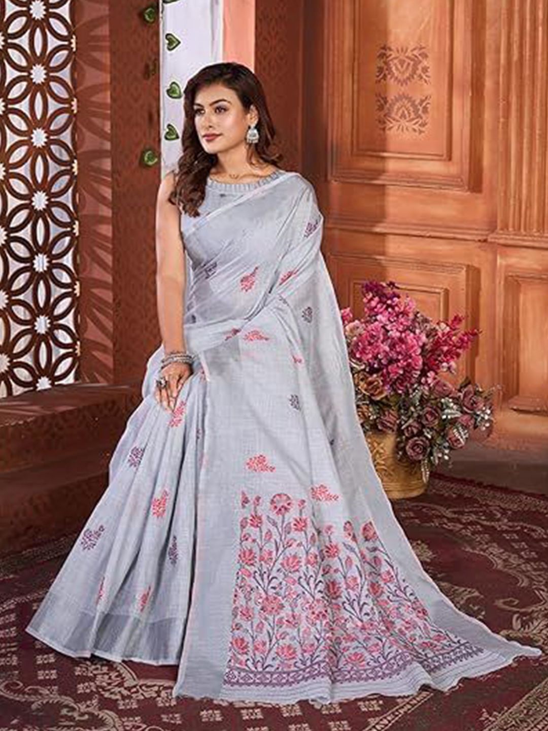 NEGRONI Floral Printed Linen Blend Saree-picture-28