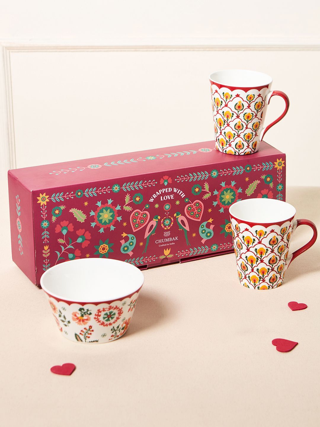 Chumbak Red & Beige Suzani Bloom Tea Trio Gift Set Of 3 Comes In A Gift Box
