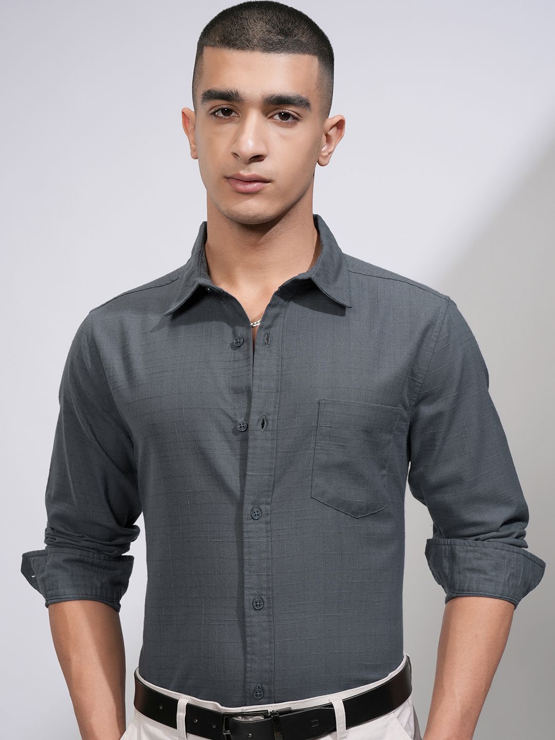 HIGHLANDER Men Slim Fit Spread Collar Textured Cotton Formal Shirt-image-40