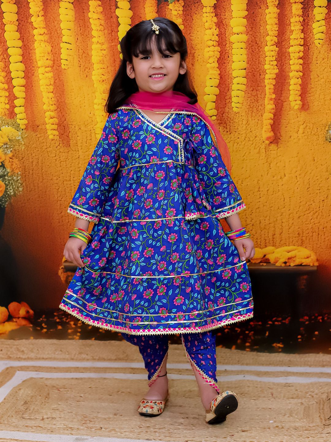 BownBee Girls Floral Printed Angrakha Anarkali Pure Cotton Kurta With Dhoti Pant & Dupatta-picture-42