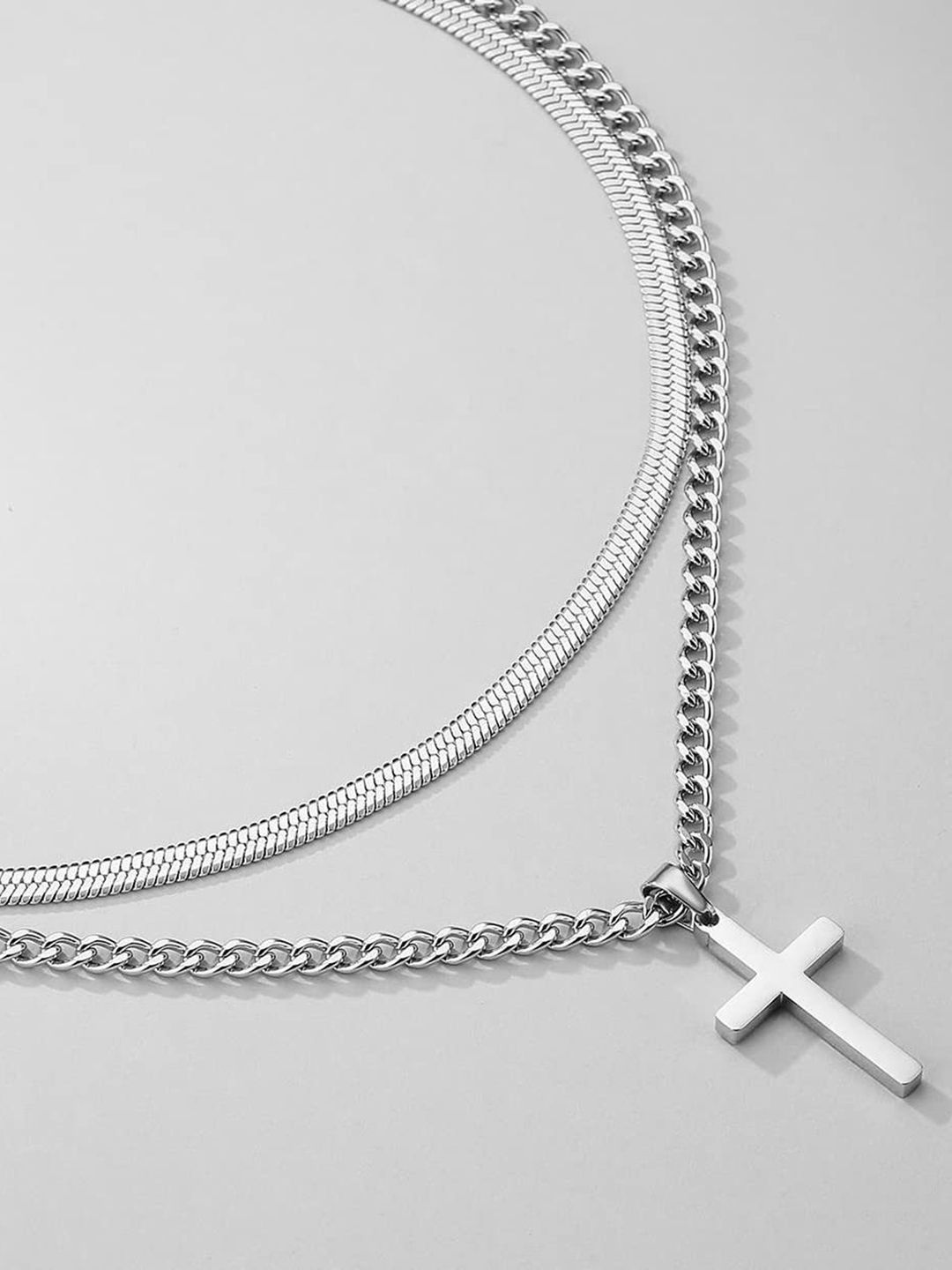 Peora Men Set of 2 Silver-Plated Stainless Steel Snake & Cross Pendant with Chains-picture-6