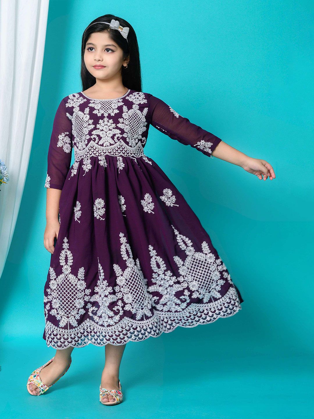 BARKAT DESIGNING PLANET Floral Embroidered Chiffon Midi Dress-picture-32