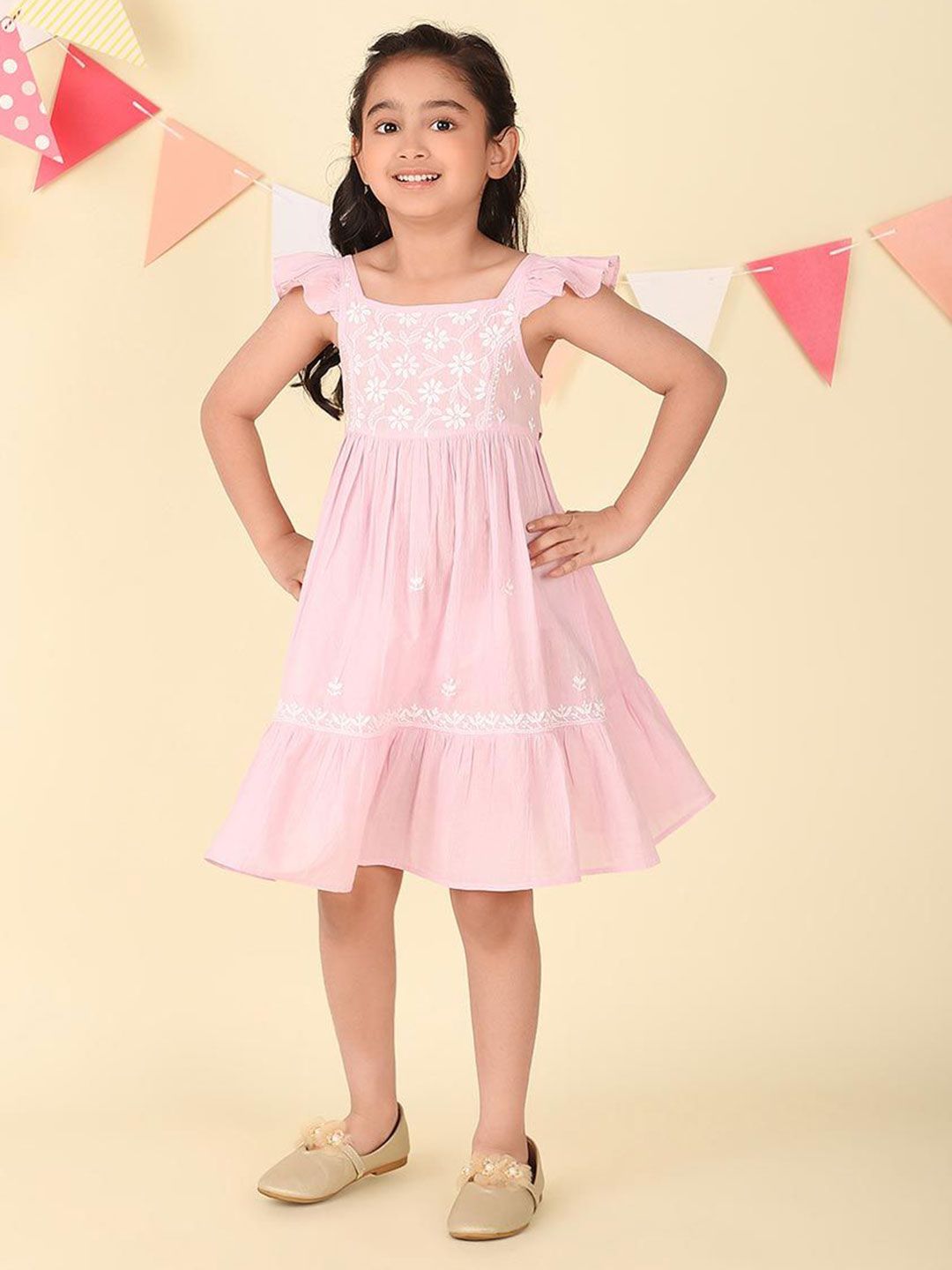 Fabindia Girls Ethnic Motifs Embroidered Fit & Flare Dress-picture-12