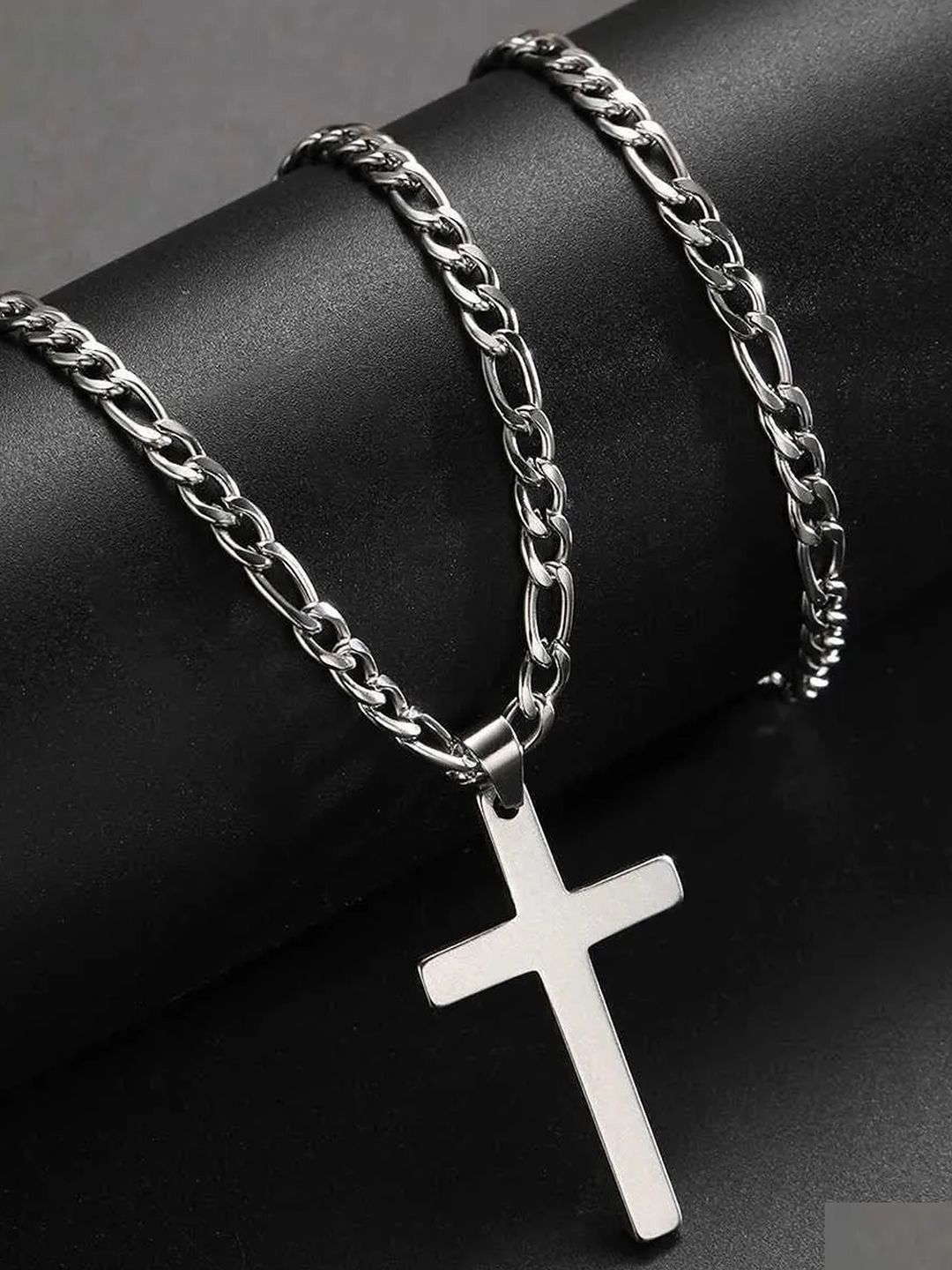 Peora Men Silver-Plated Stainless Steel Geometric Cross & Figaro Pendant With Chain-picture-32